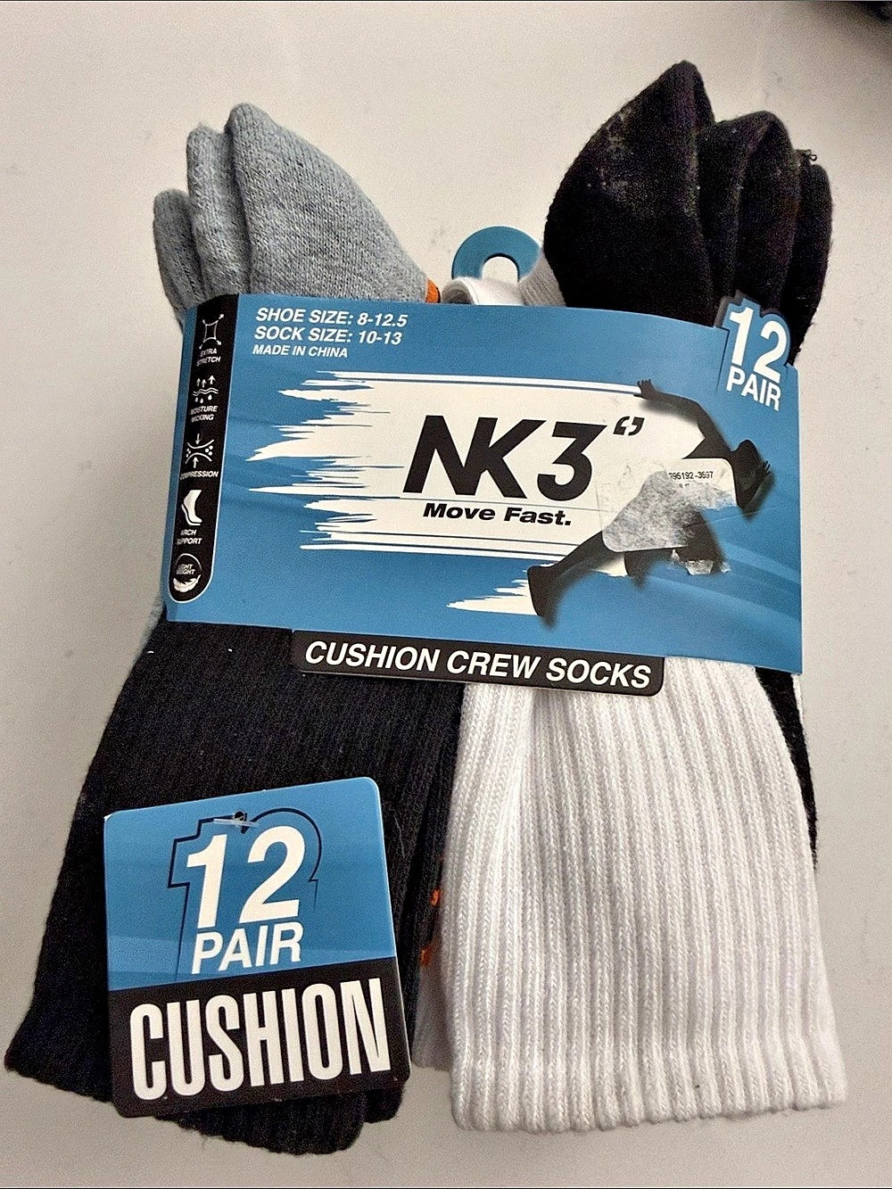 NK3 Move Fast Cushion Crew Socks Black & Gray Size 10-13